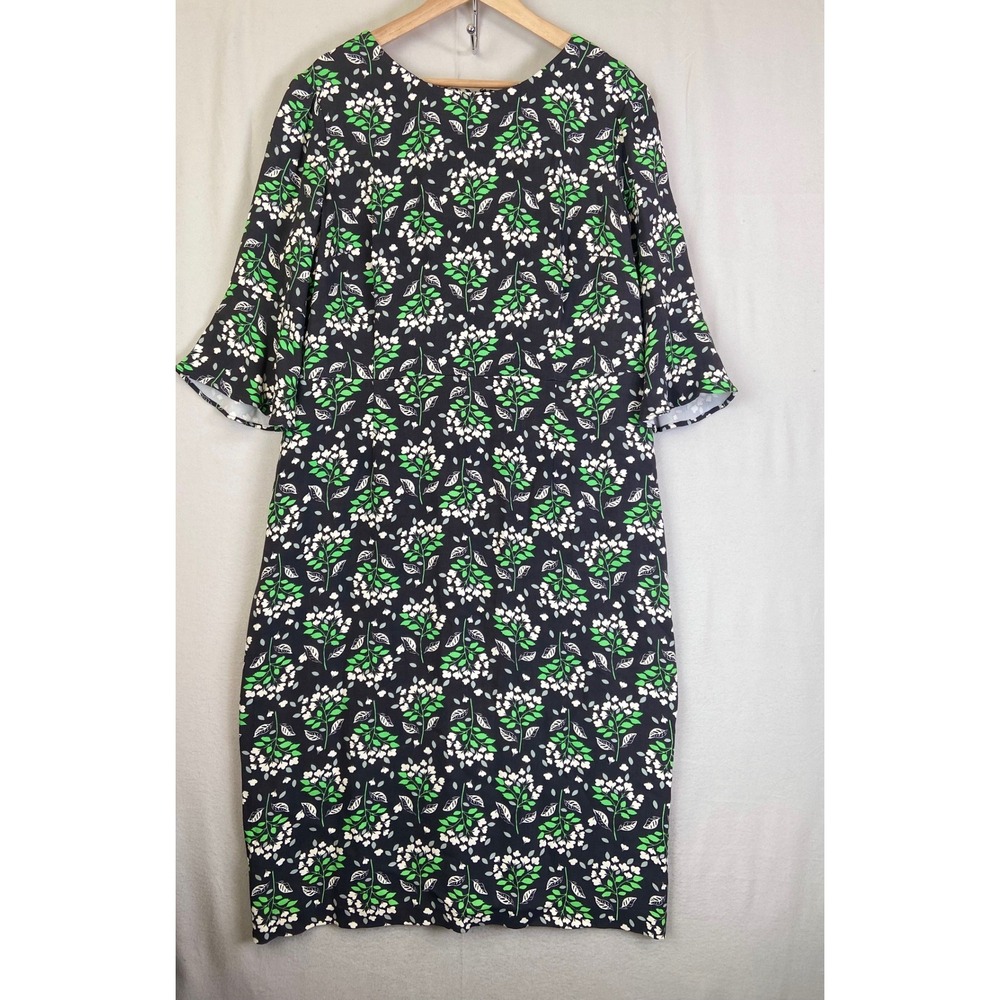 Boden Floral Midi Dress 14L Black Green Pink Bell Sleeve Career Cottagecore